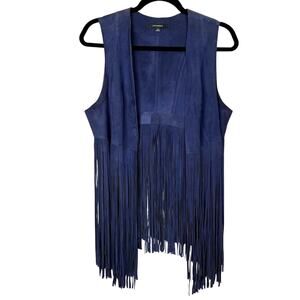 LaMarque Fringe Leather Vest Size M Navy Blue Boho Western Festival Chic